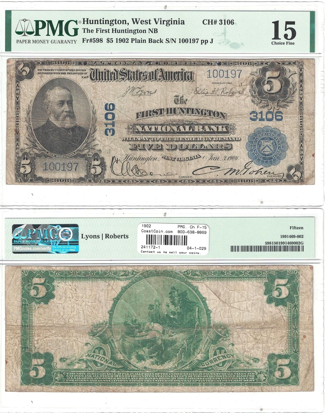 1902 $5 First Huntington National Bank, Wv #3106 Pmg Choice Fine-15
