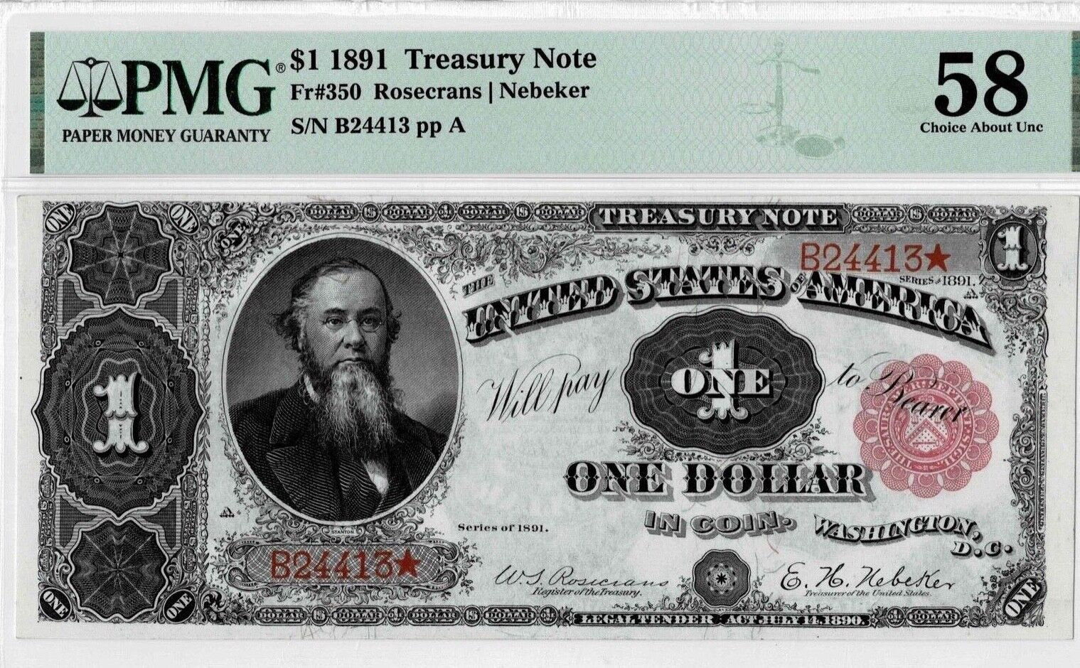 1891 $1 Treasury Note Fr.#350--'stanton'--rosencrans/nebeker--pmg 58--beautiful!
