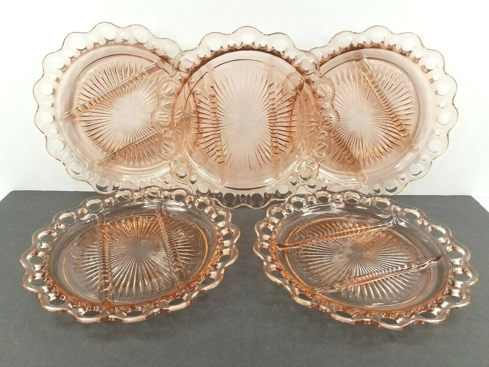 5 Anchor Hocking Old Colony Lace Edge Pink 3 Part Relish Set Vintage Glass Dish