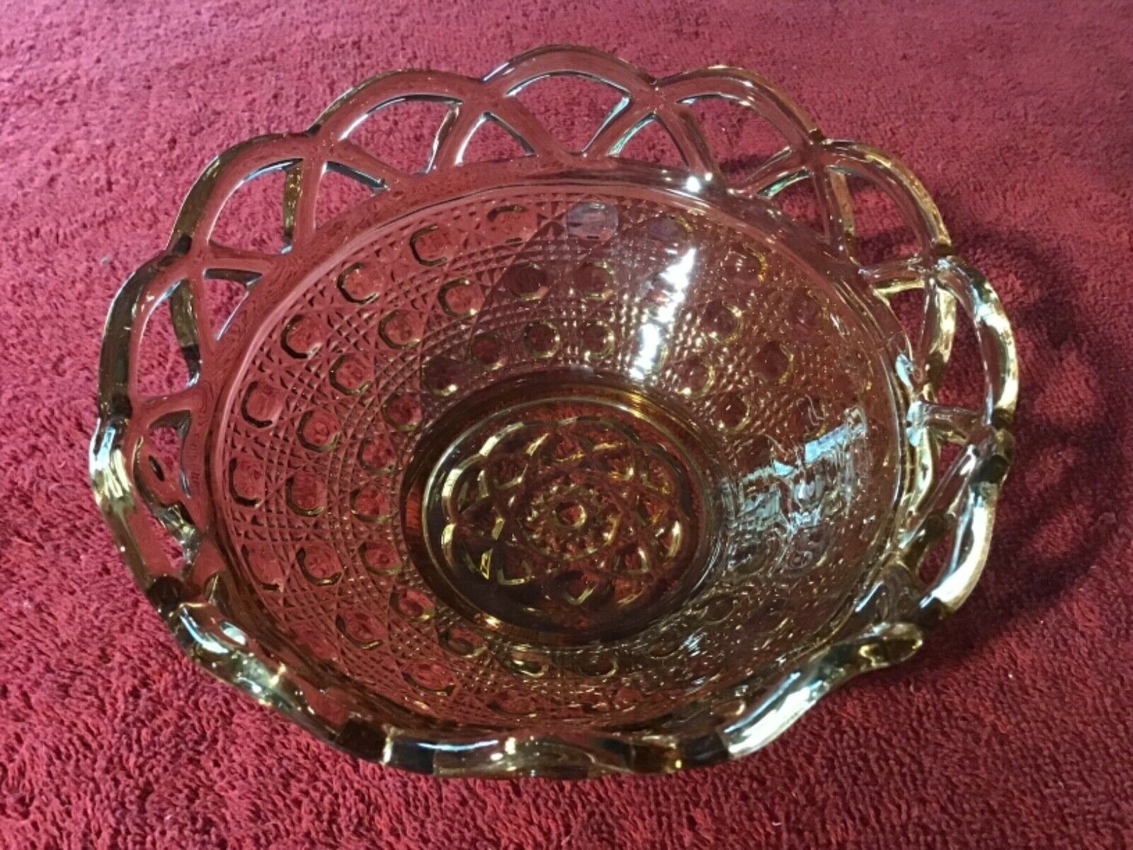 Vintage Embossed Amber Glass Bowl: Open Lace Edge: 5.5” Diameter