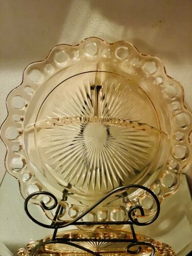 Vintage Anchor Hocking Pink Old Colony Open Lace 3-section Grill Plate 10 1/2"