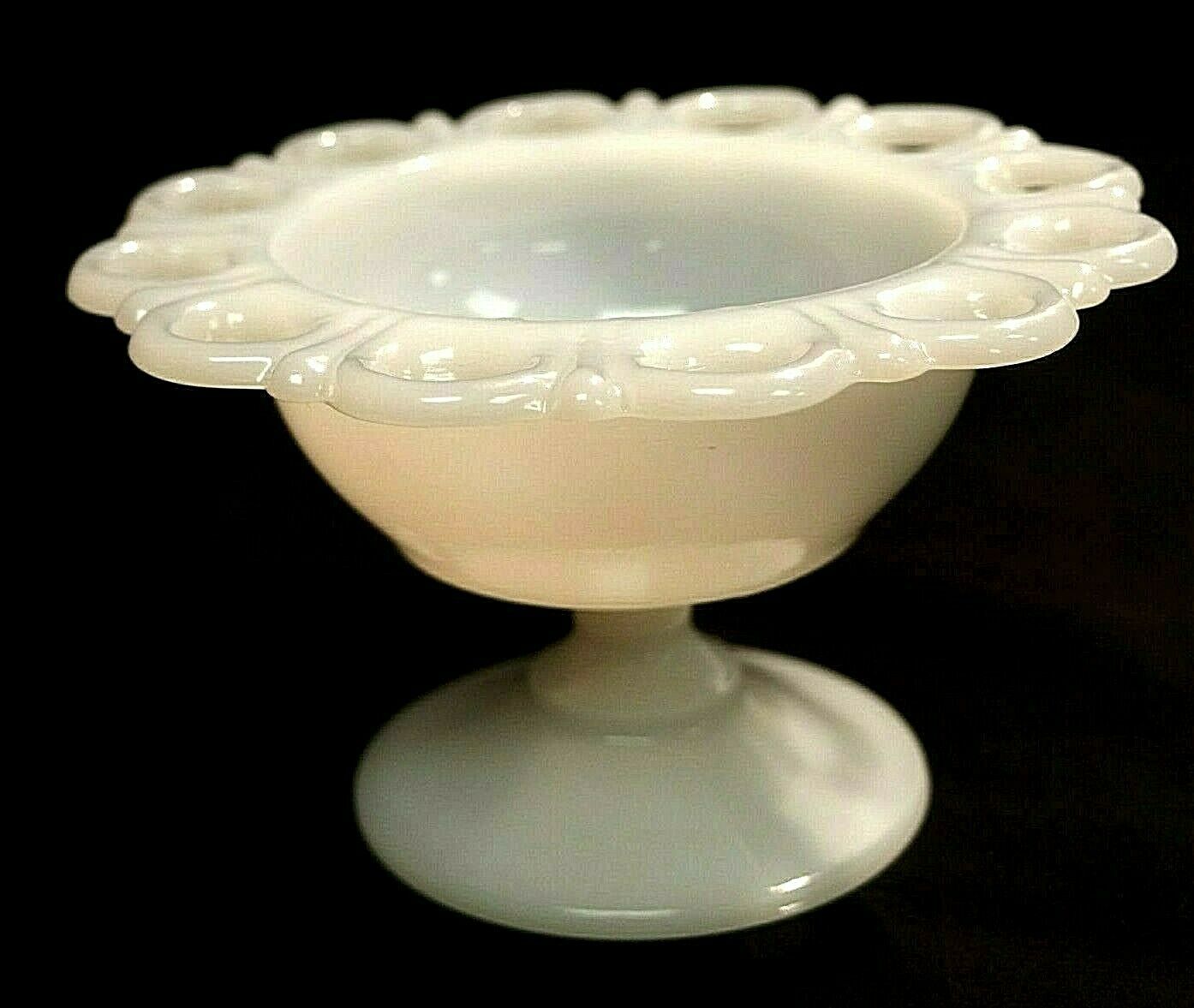 Vintage Anchor Hocking Open Lace Edge Old Colony Milk Glass Footed Compote Bowl
