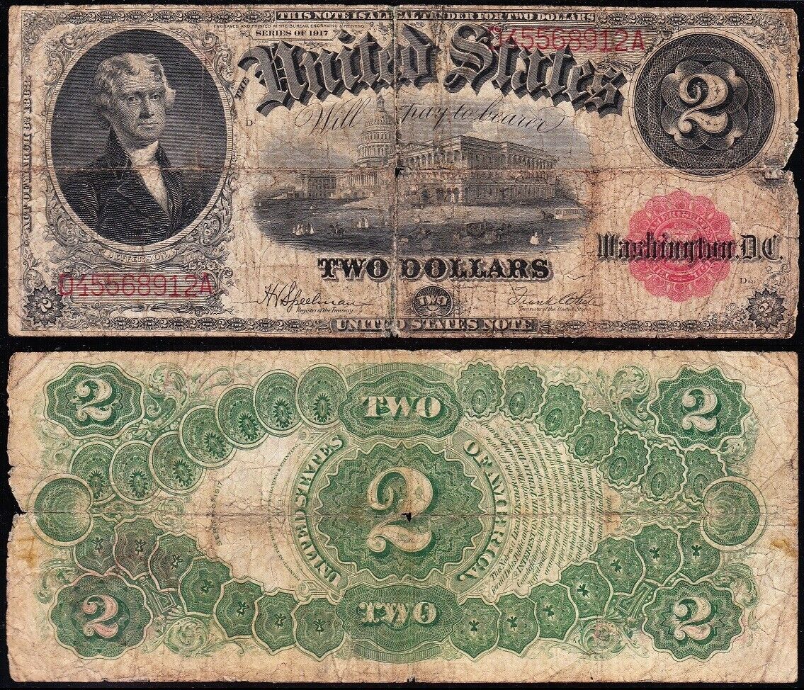 1917 $2 "bracelet" Us Legal Tender Note! Free Shipping! D45568912a
