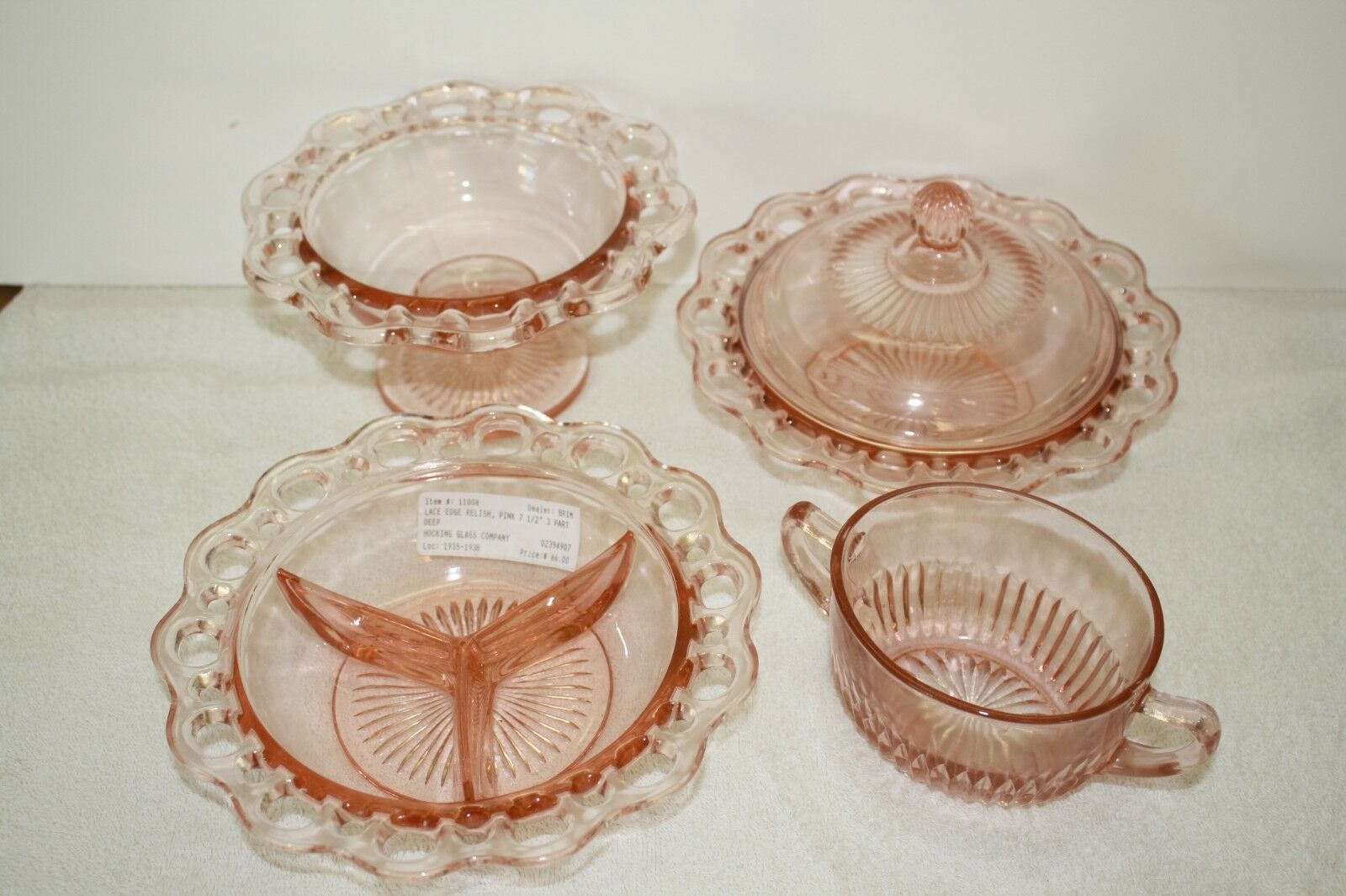 Lace Edge Pink Compote, Butter Lid, Sugar Bowl, And 3-part Deep Relish